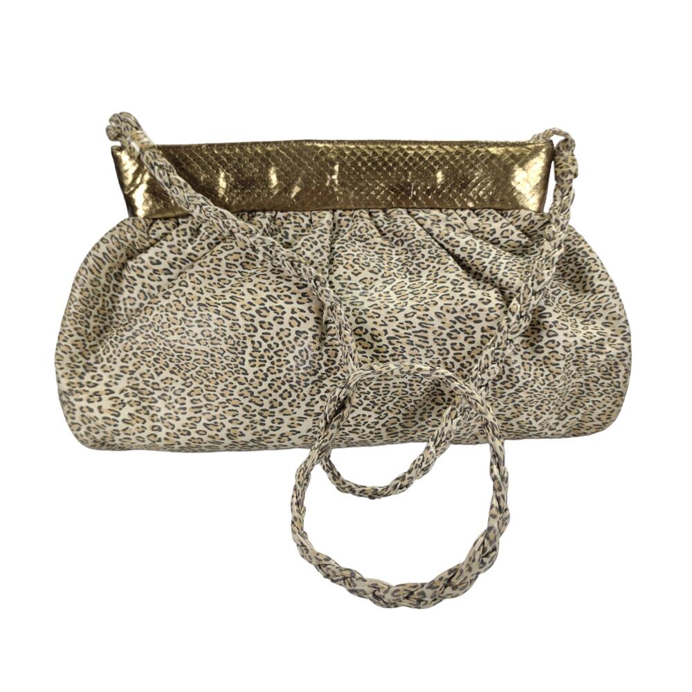 Vintage Kcee Leopard Leather Shoulder Bag Gold Snakeskin Trim Frame Purse